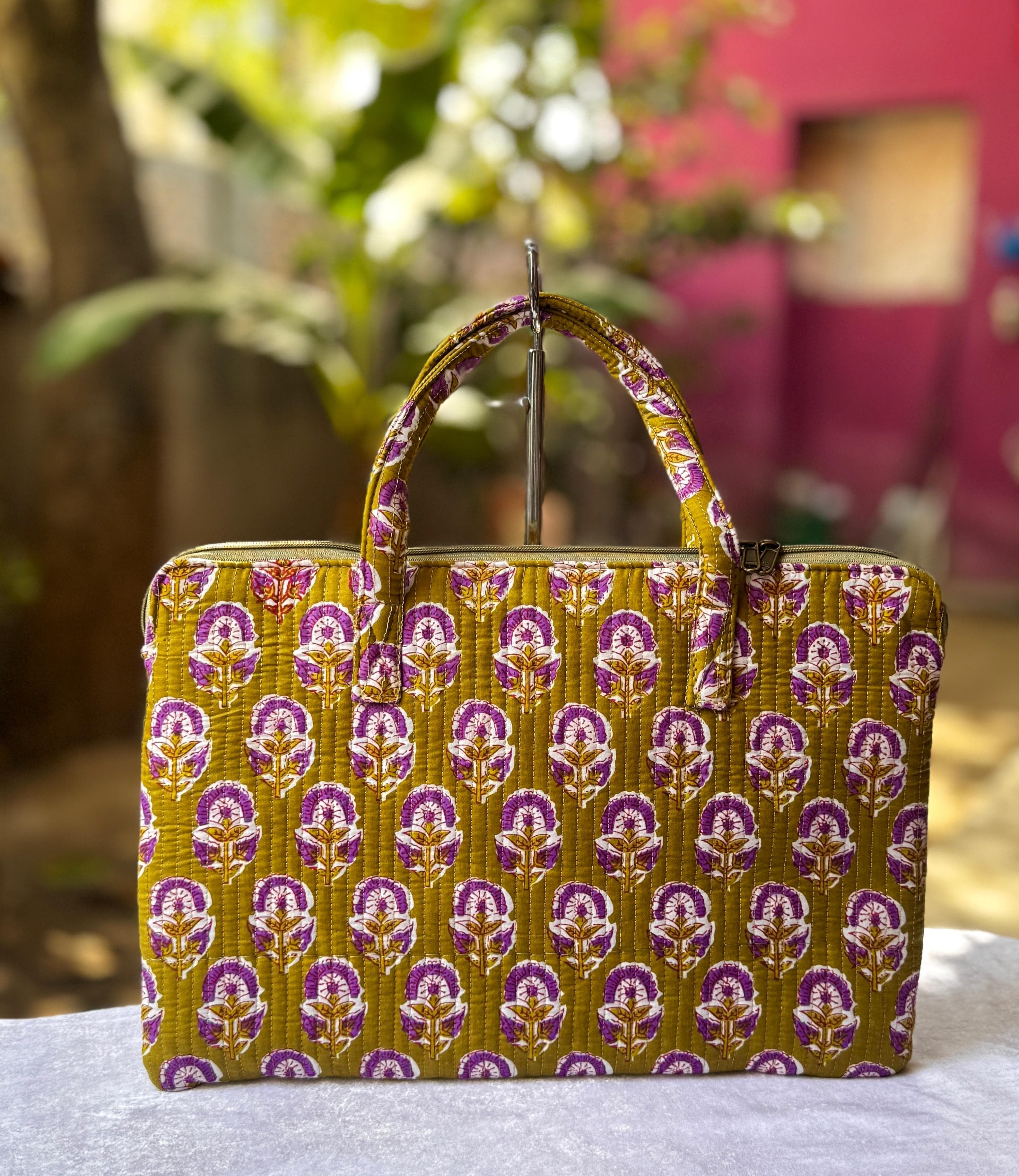Quilted hand printed laptop bag