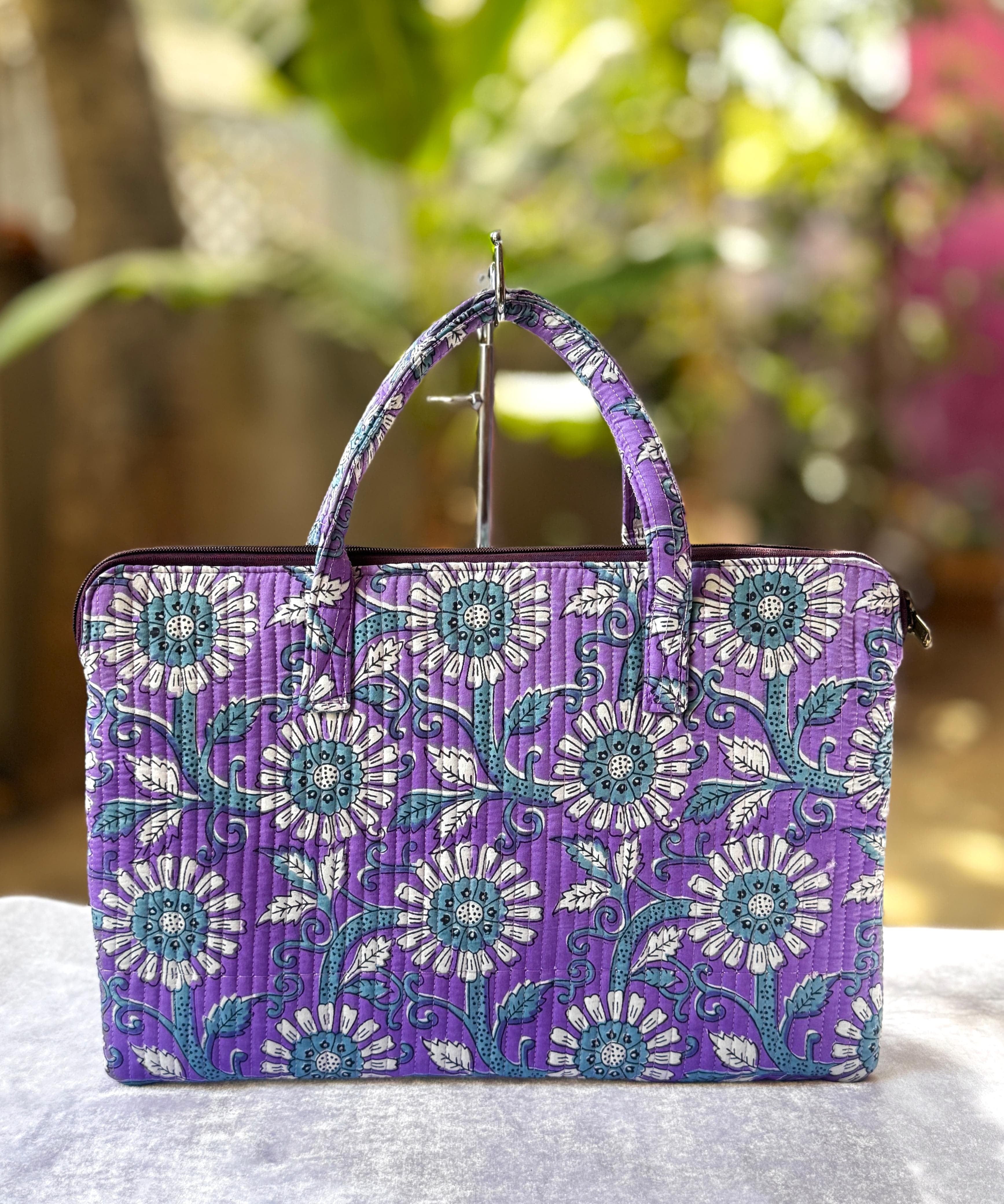 Quilted hand printed laptop bag