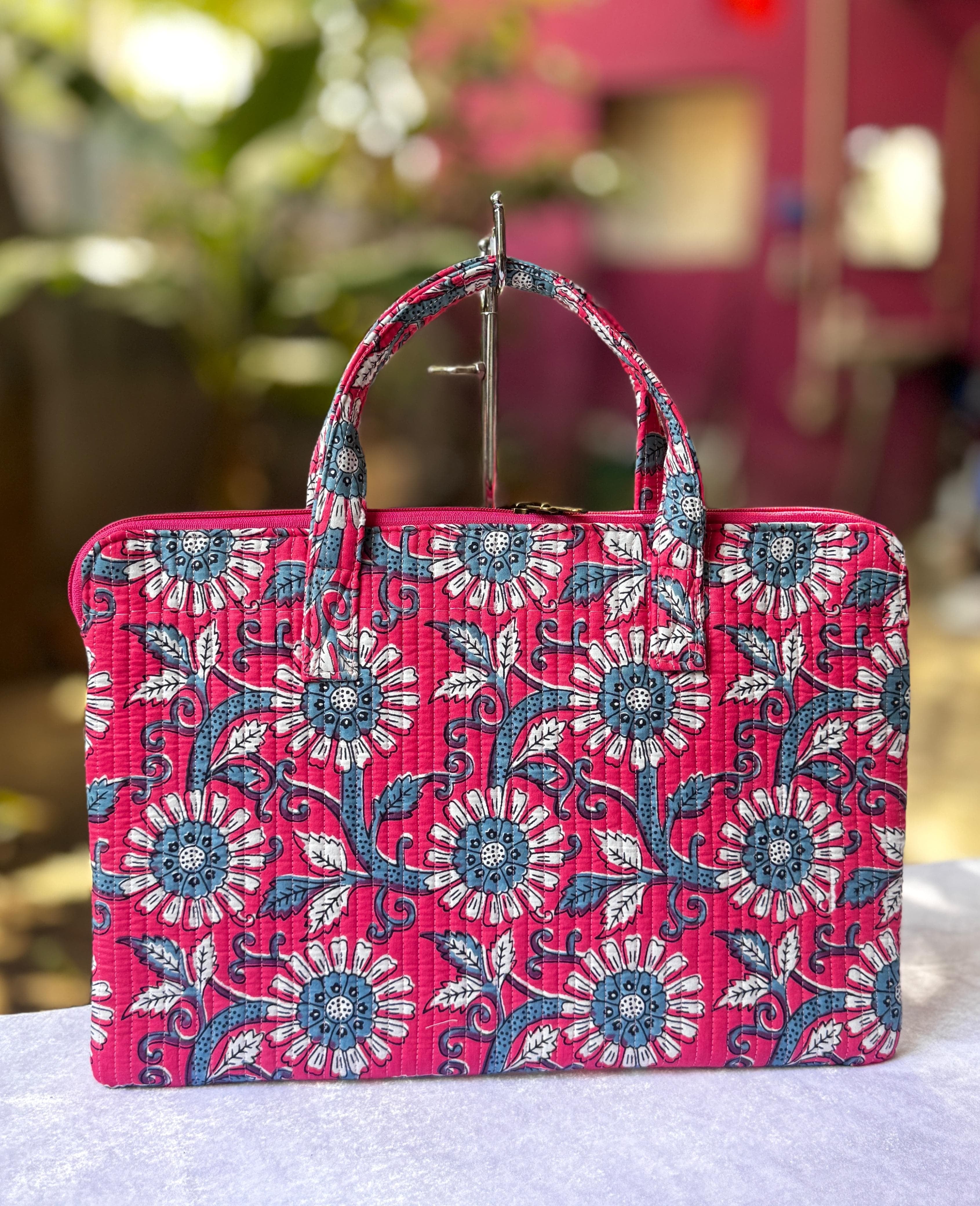 Quilted hand printed laptop bag