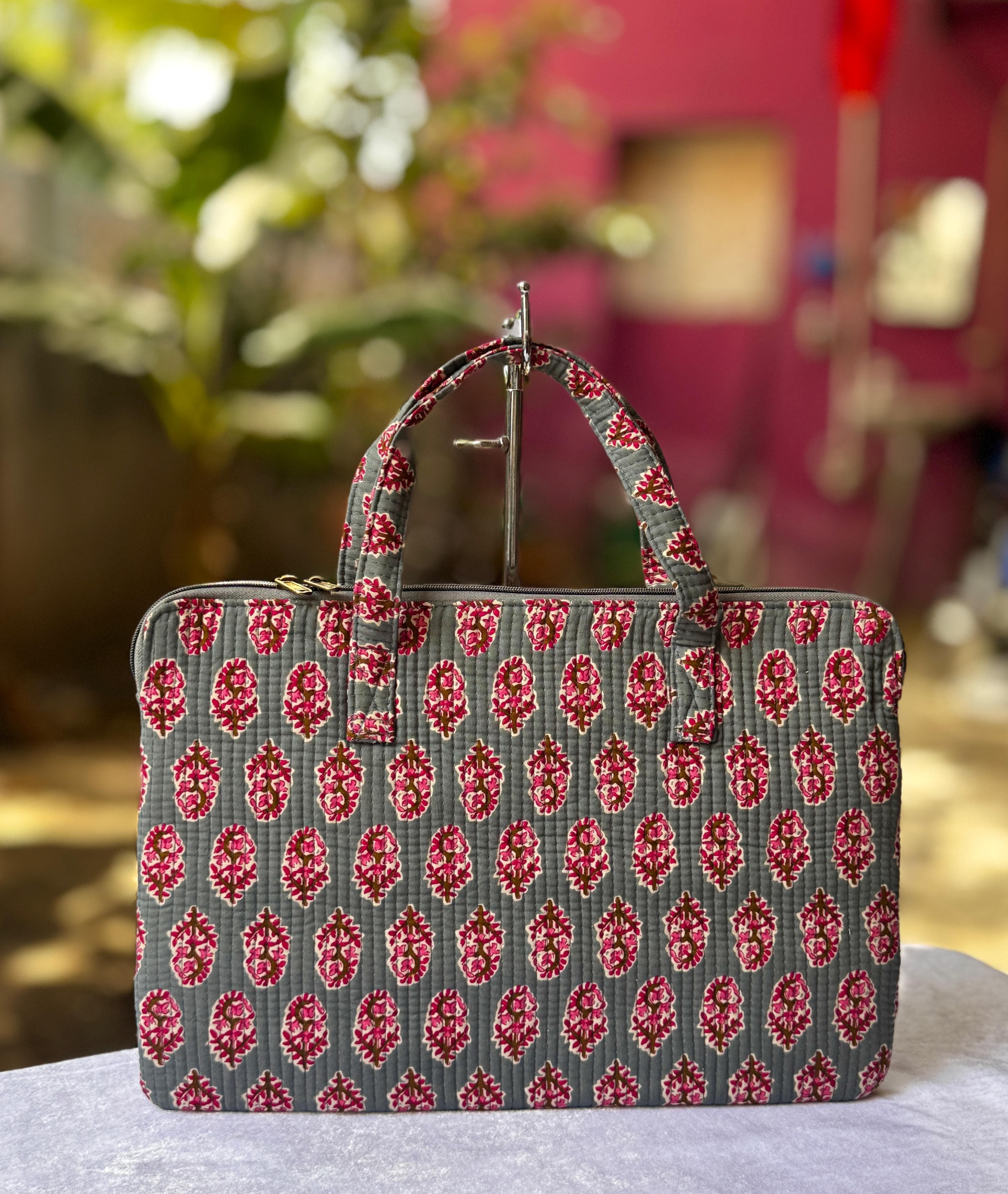 Quilted hand printed laptop bag