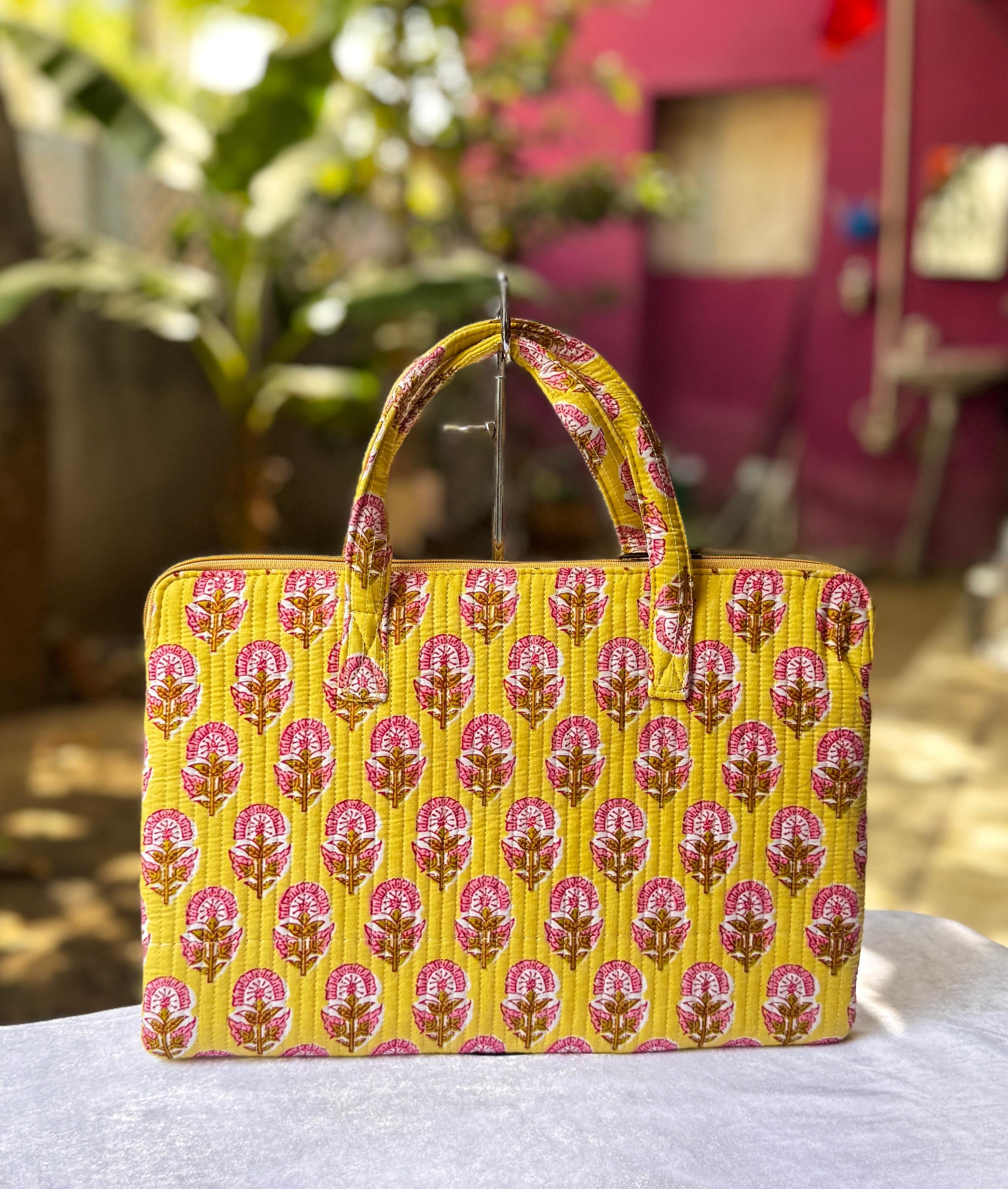 Quilted hand printed laptop bag