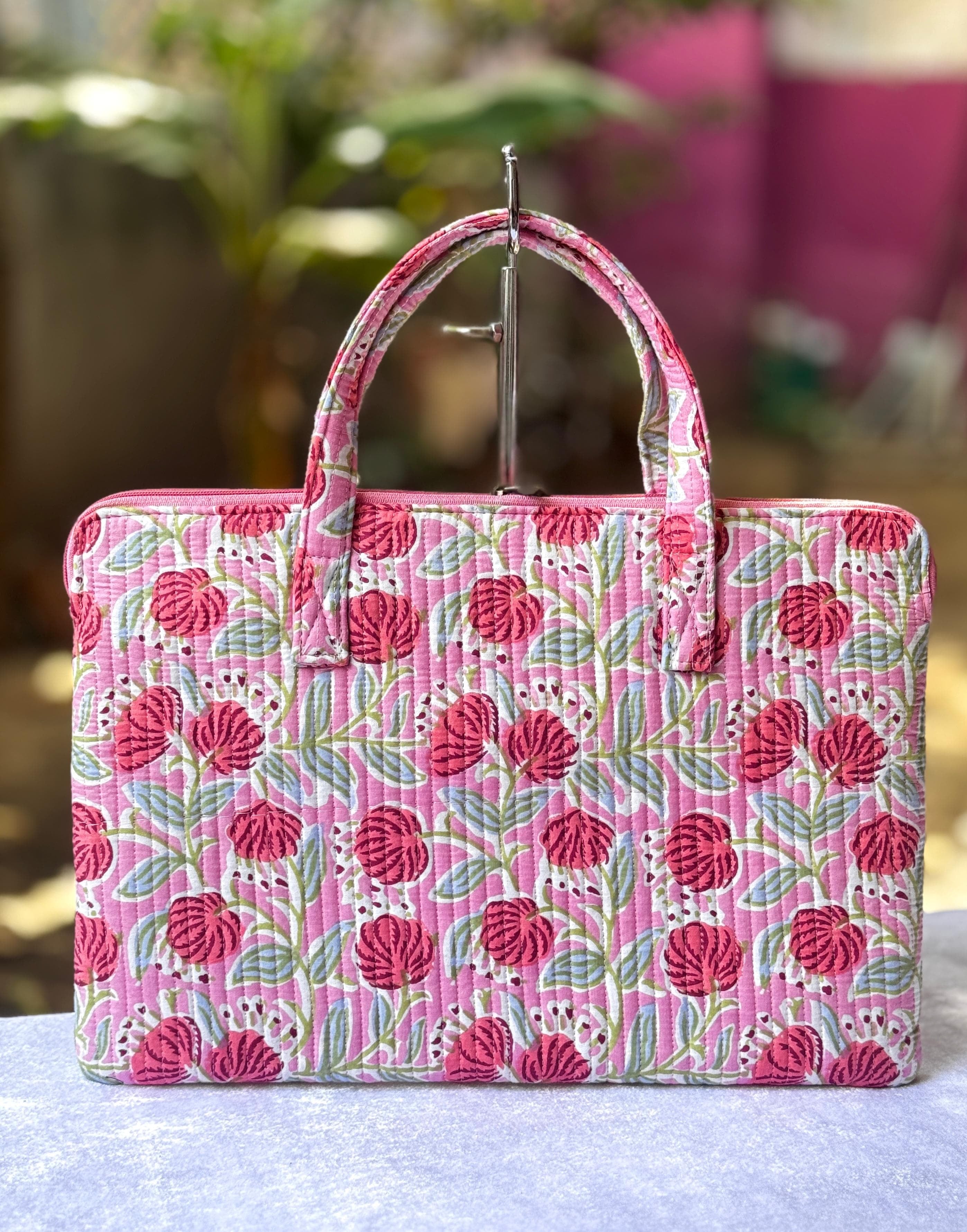 Quilted hand printed laptop bag