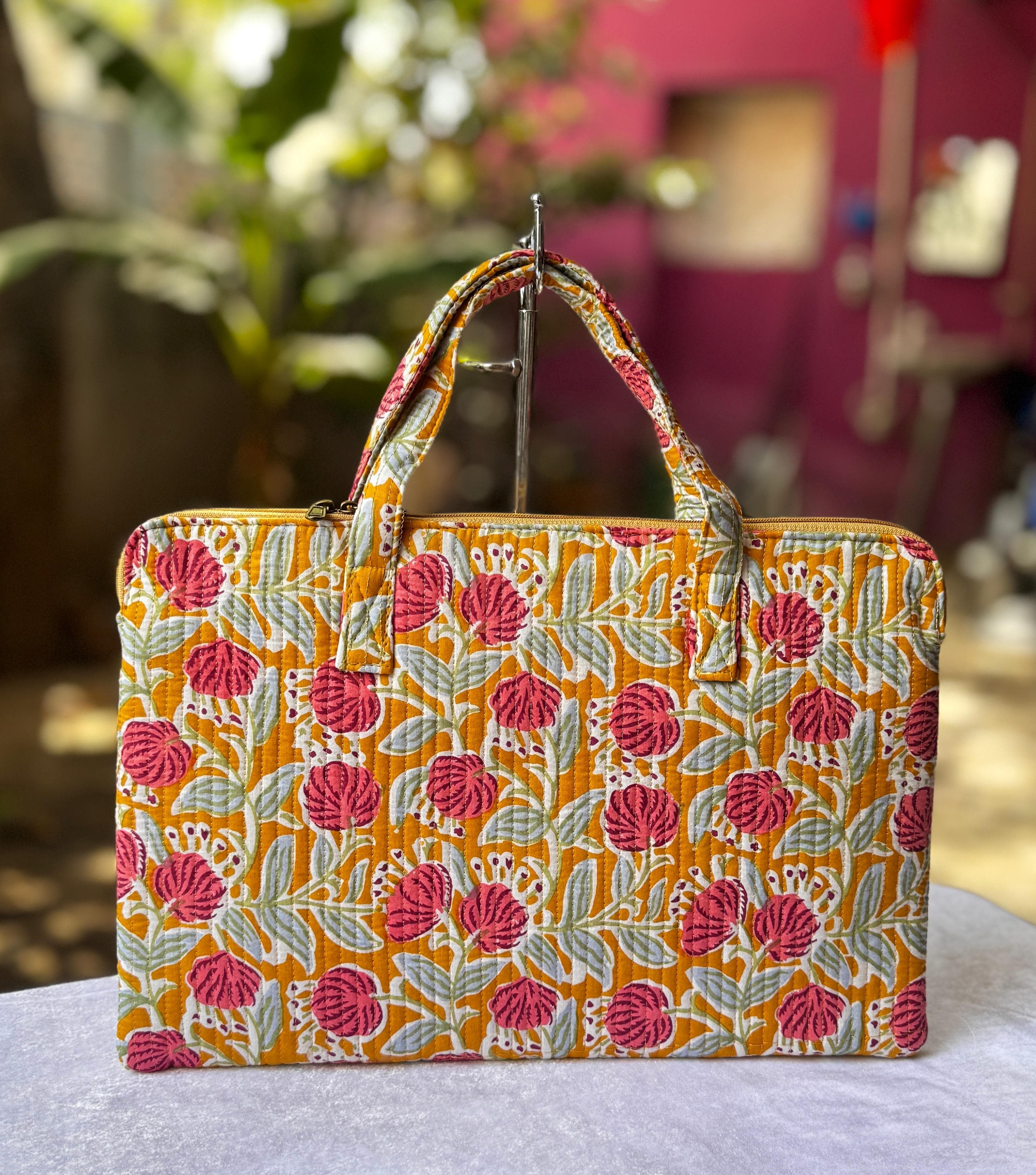 Quilted hand printed laptop bag