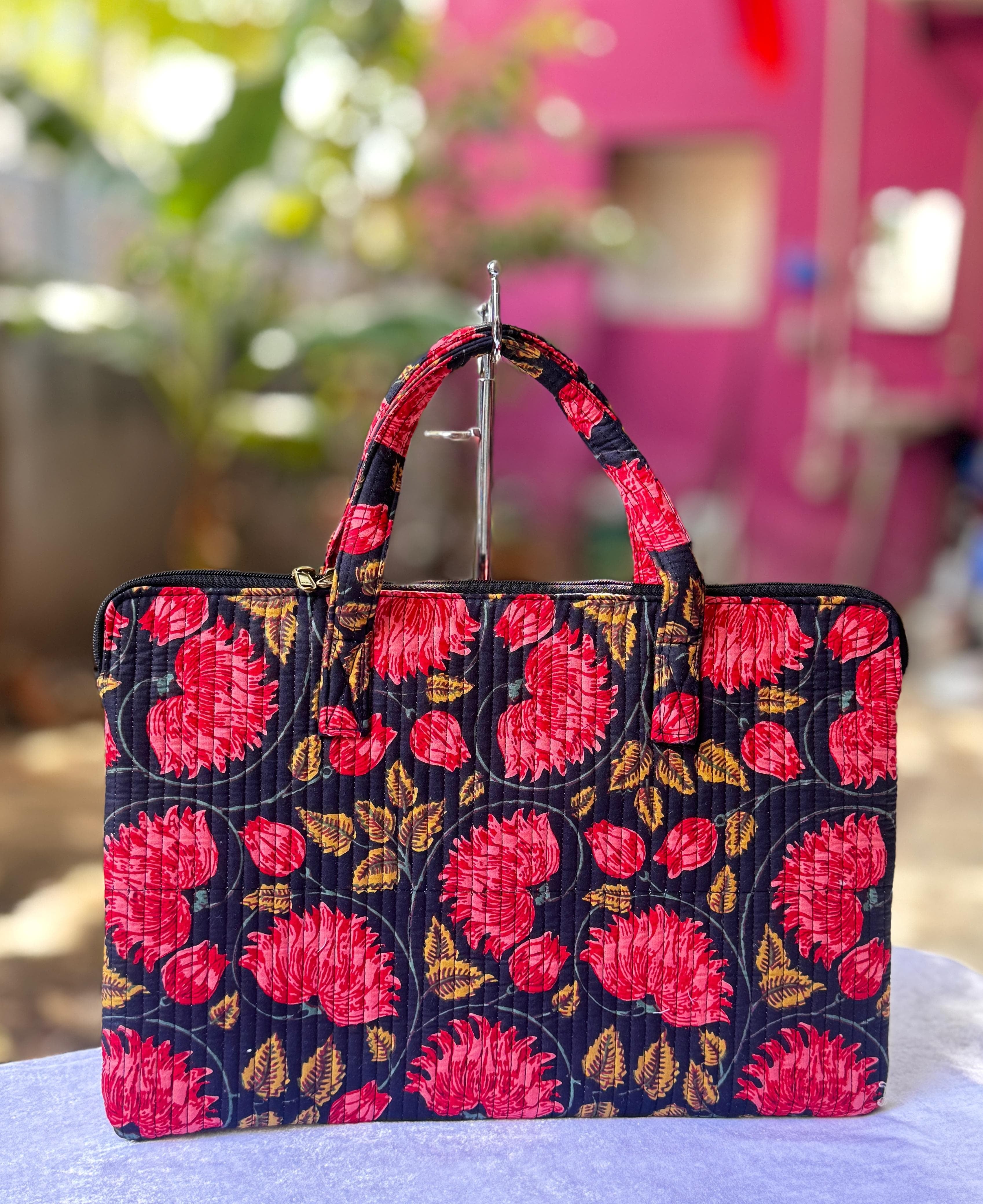 Quilted hand printed laptop bag