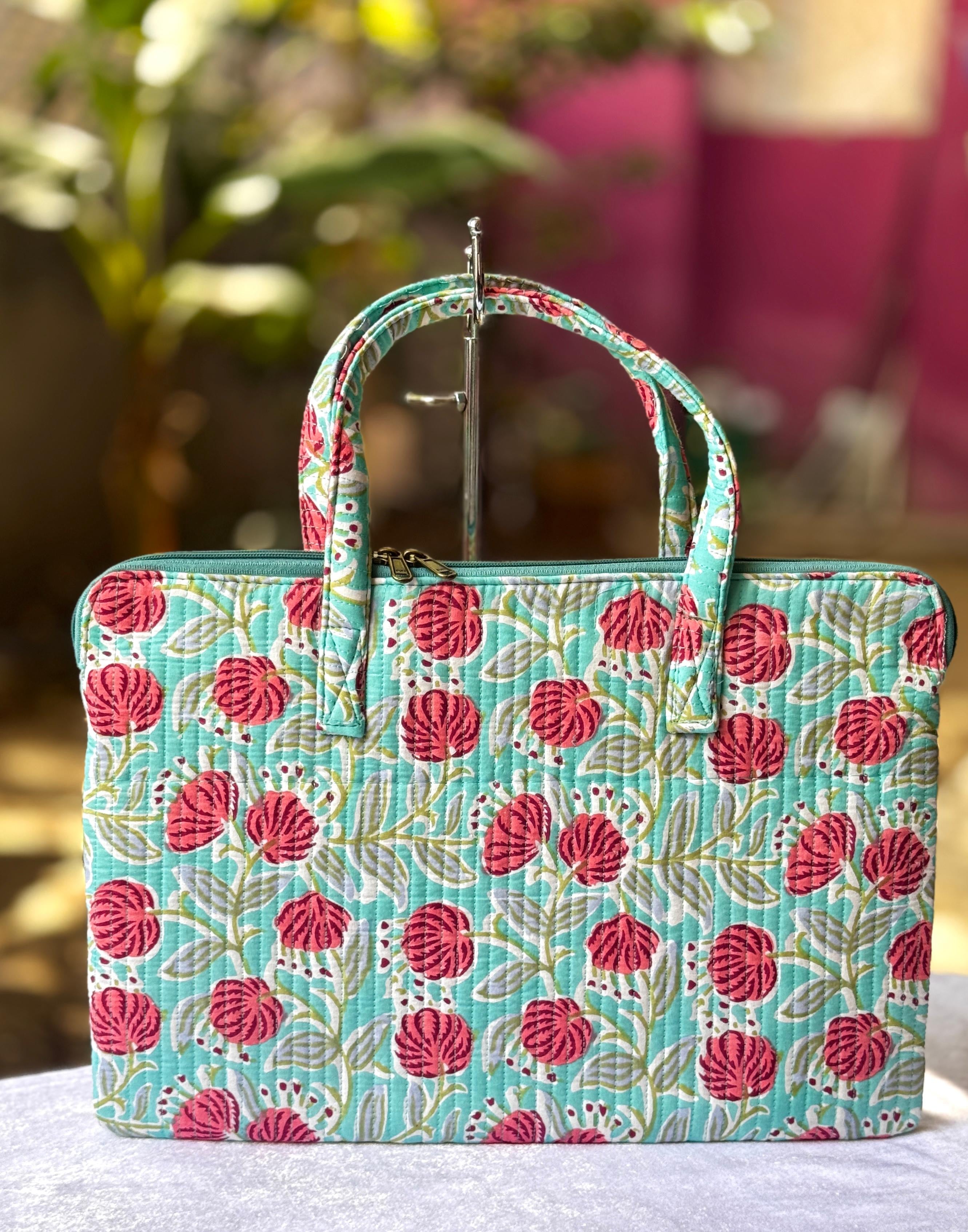 Quilted hand printed laptop bag