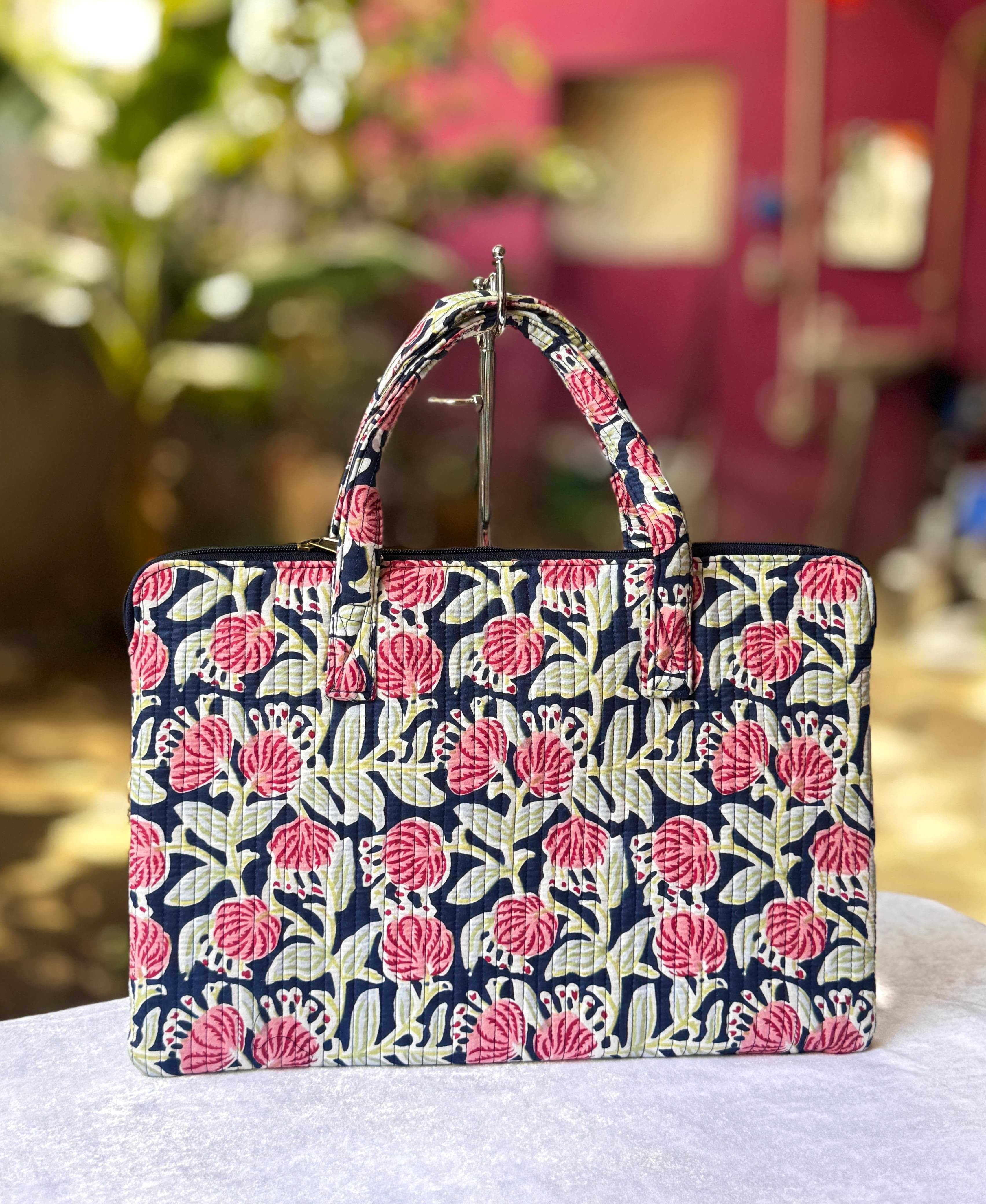 Quilted hand printed laptop bag